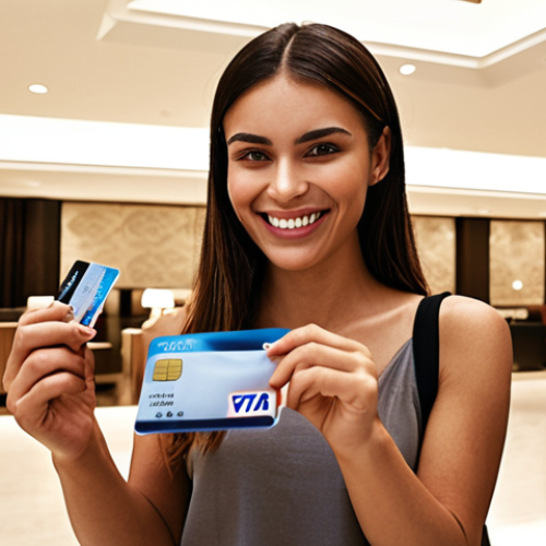 Home 11 **A traveler happily using a credit card to pay for a hotel room in a modern, stylish hotel lobby. The scene should evoke feelings of ease and financial security while traveling.** *(Focus: Benefits of credit cards for travel expenses)*