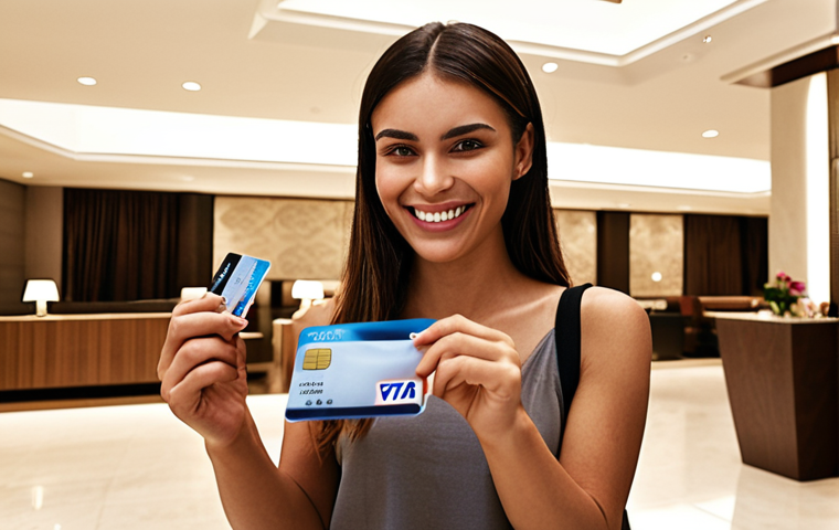**A traveler happily using a credit card to pay for a hotel room in a modern, stylish hotel lobby. The scene should evoke feelings of ease and financial security while traveling.** *(Focus: Benefits of credit cards for travel expenses)*