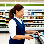 A confident middle-aged businesswoman in a modest business casual attire, fully clothed, appropriate attire, using a debit card to pay for groceries at a modern self-checkout station. The setting is a clean, well-lit supermarket interior with neatly arranged shelves in the background. The scene conveys a sense of calm and financial control. The woman has perfect anatomy, correct proportions, well-formed hands, and a natural pose. Professional photography, high quality, natural lighting, safe for work, appropriate content, modest, family-friendly.
