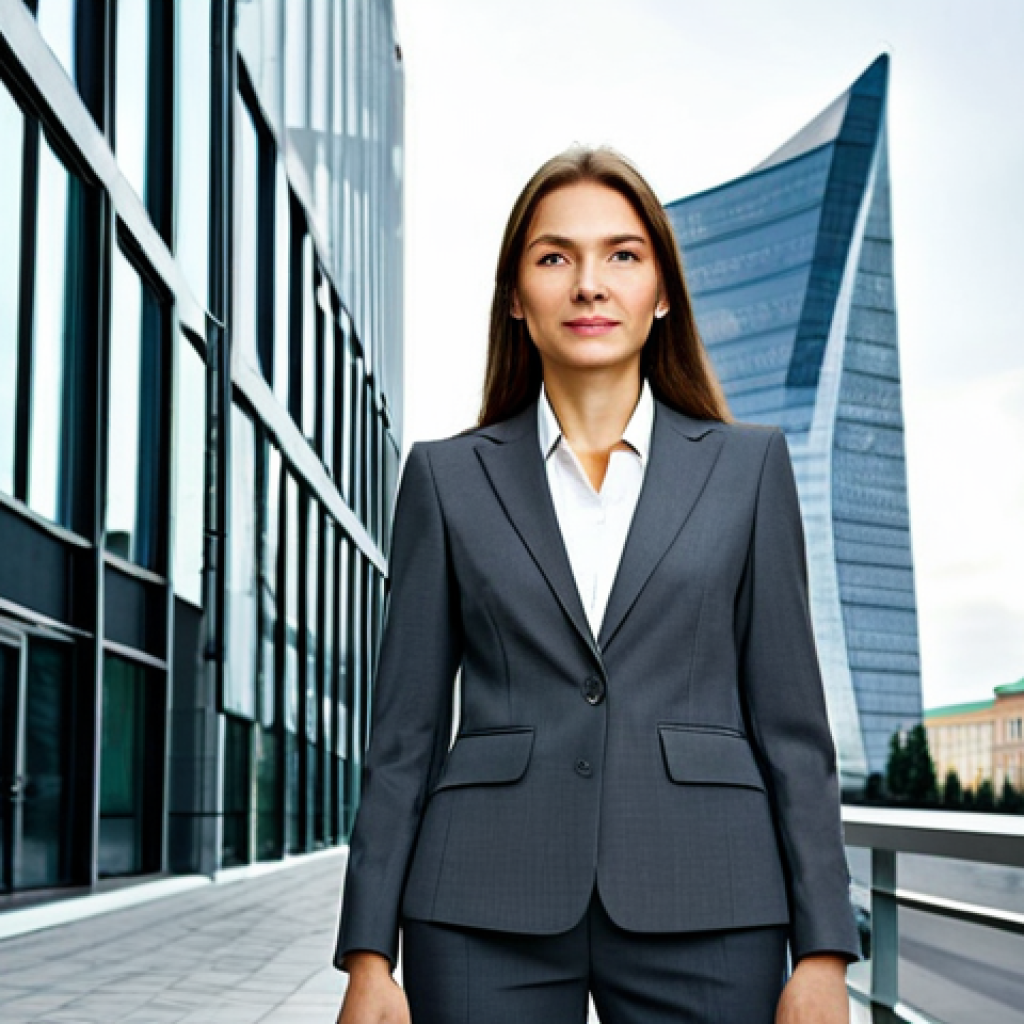 **
A professional businesswoman in a tailored, dark-grey business suit, standing confidently in front of a modern glass office building in Moscow, Russia. Fully clothed, appropriate attire, safe for work, perfect anatomy, natural proportions, professional corporate photography, high quality, bright daylight.
**