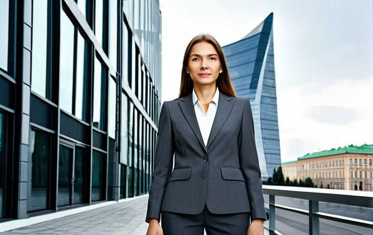 **
A professional businesswoman in a tailored, dark-grey business suit, standing confidently in front of a modern glass office building in Moscow, Russia. Fully clothed, appropriate attire, safe for work, perfect anatomy, natural proportions, professional corporate photography, high quality, bright daylight.
**