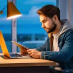 신용카드 해외 이용 팁 - **Prompt 1: Smart Pre-Trip Financial Planning**
"A cozy, well-lit scene featuring a young adult ...