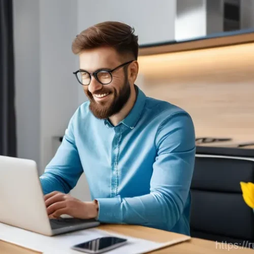 Home 23 카드사별 할인 이벤트 - **A Russian individual, between 25-35 years old, sits comfortably at a modern home desk, looking at ...