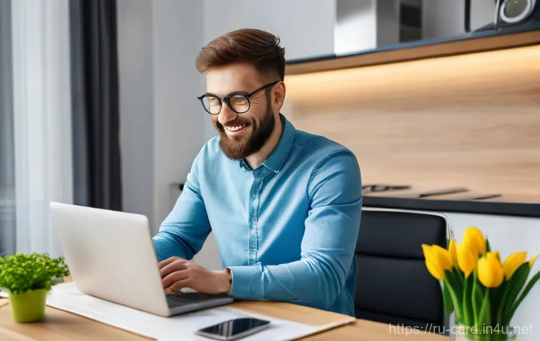 카드사별 할인 이벤트 - **A Russian individual, between 25-35 years old, sits comfortably at a modern home desk, looking at ...