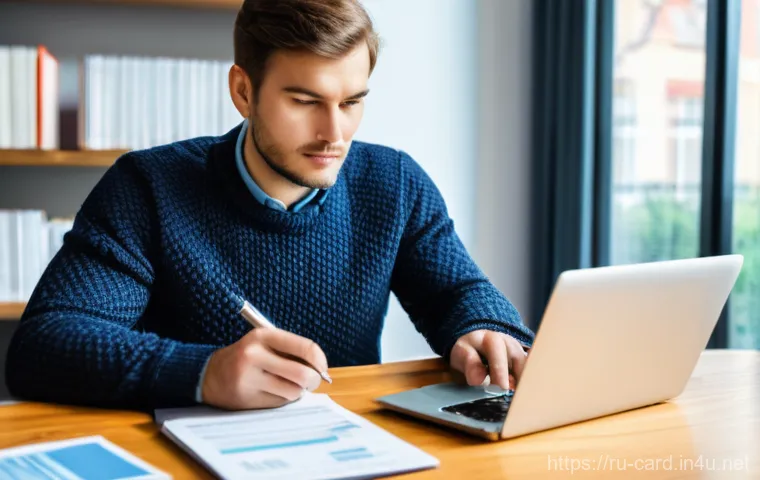 체크카드 신규 발급 방법 - **Prompt 1: Informed Debit Card Choice**
A thoughtful Russian man or woman, aged 30-40, sits com...