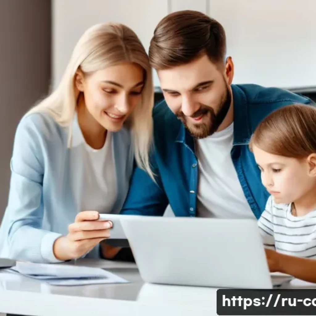 무이자 할부 카드 추천 - A modern Russian family at home, carefully reviewing credit card offers on a laptop, with documents ...