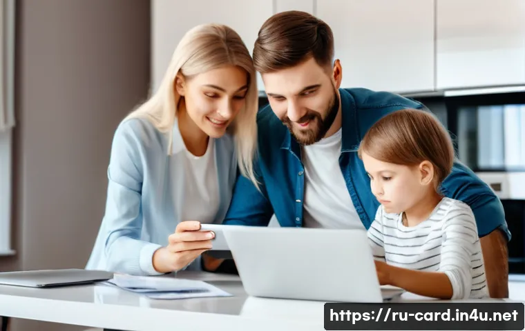 무이자 할부 카드 추천 - A modern Russian family at home, carefully reviewing credit card offers on a laptop, with documents ...