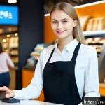 Home 20 신용카드 신규 가입 이벤트 - A modern Russian urban café scene featuring a young adult woman wearing casual business attire and h...