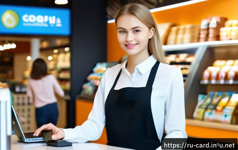 신용카드 신규 가입 이벤트 - A modern Russian urban caf&eacute; scene featuring a young adult woman wearing casual business attire and h...