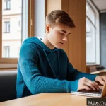 Home 18 신용카드로 교육비 지출 - A modern Russian university payment scene: a young adult student sitting at a sleek wooden desk in a...