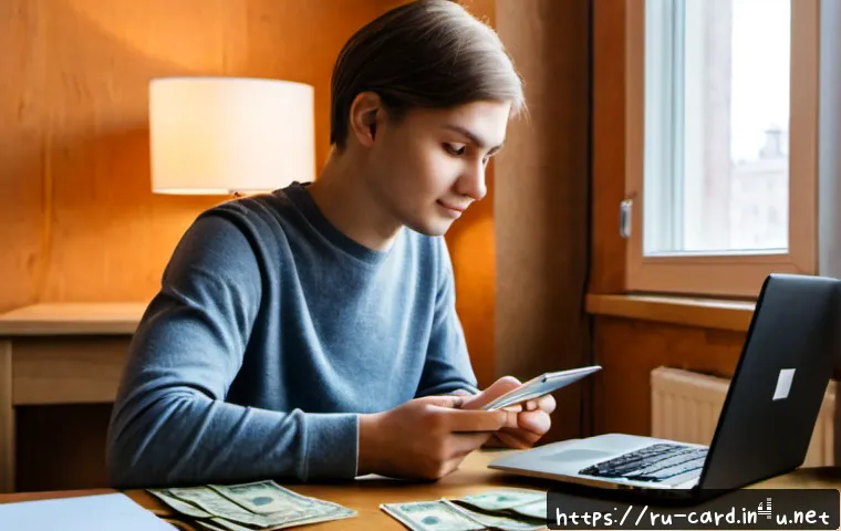 Home 30 학생용 신용카드 - Photorealistic Russian university student in a cozy Moscow-style apartment study corner, holding a p...