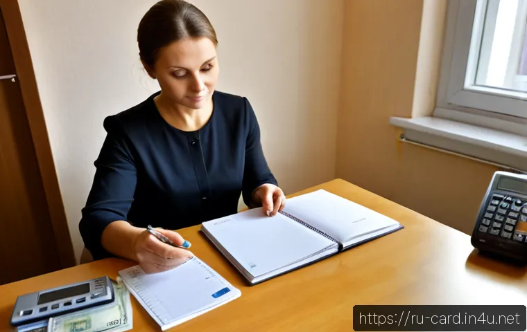 카드 리볼빙 서비스 활용법 - Photorealistic financial planning scene for a Russian credit card revolving balance: a middle-aged R...