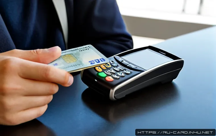 Home 17 신용카드 해외 결제 수수료 - Photorealistic close-up of a Russian traveler at an airport café paying with a plain unbranded credi...